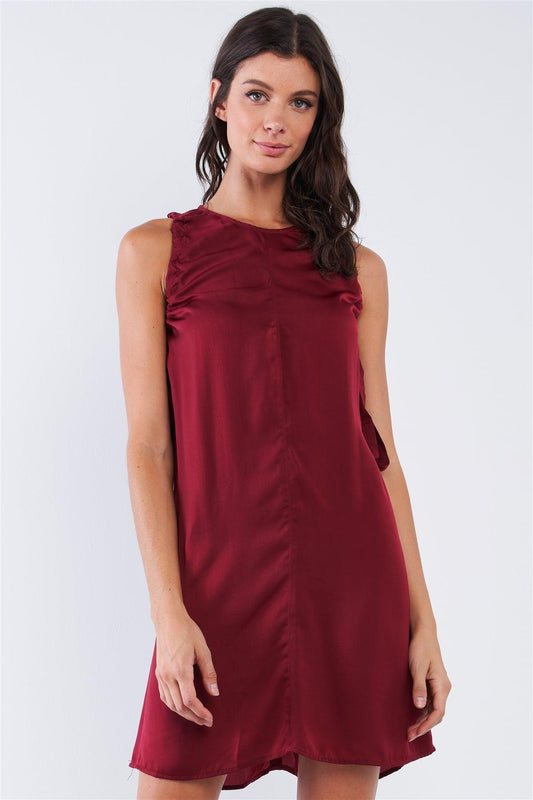 Wine Red Satin Loose Fit Sleeveless Round Neck Mini Dress With Side Ribbon Draw String Ties Dress
