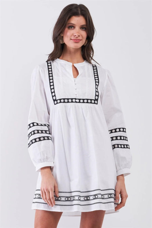 White & Black Embroidered Balloon Sleeve Shift Mini Dress With Slip - Tasha Apparel Wholesale