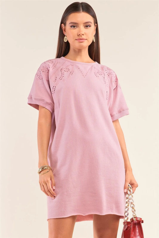 Lemonade Pink Loose Fit Ribbed Crew Neck Eyelet Embroidery Detail Raw Hem T-Shirt Mini Dress /1-2-2-1 - Tasha Apparel Wholesale