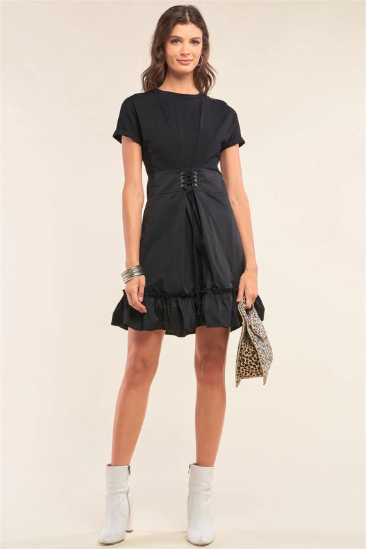 Black Crew Neck Corset Lace-Up Waist Detail Frill Hem Mini Dress /1-2-1-1 - Tasha Apparel Wholesale