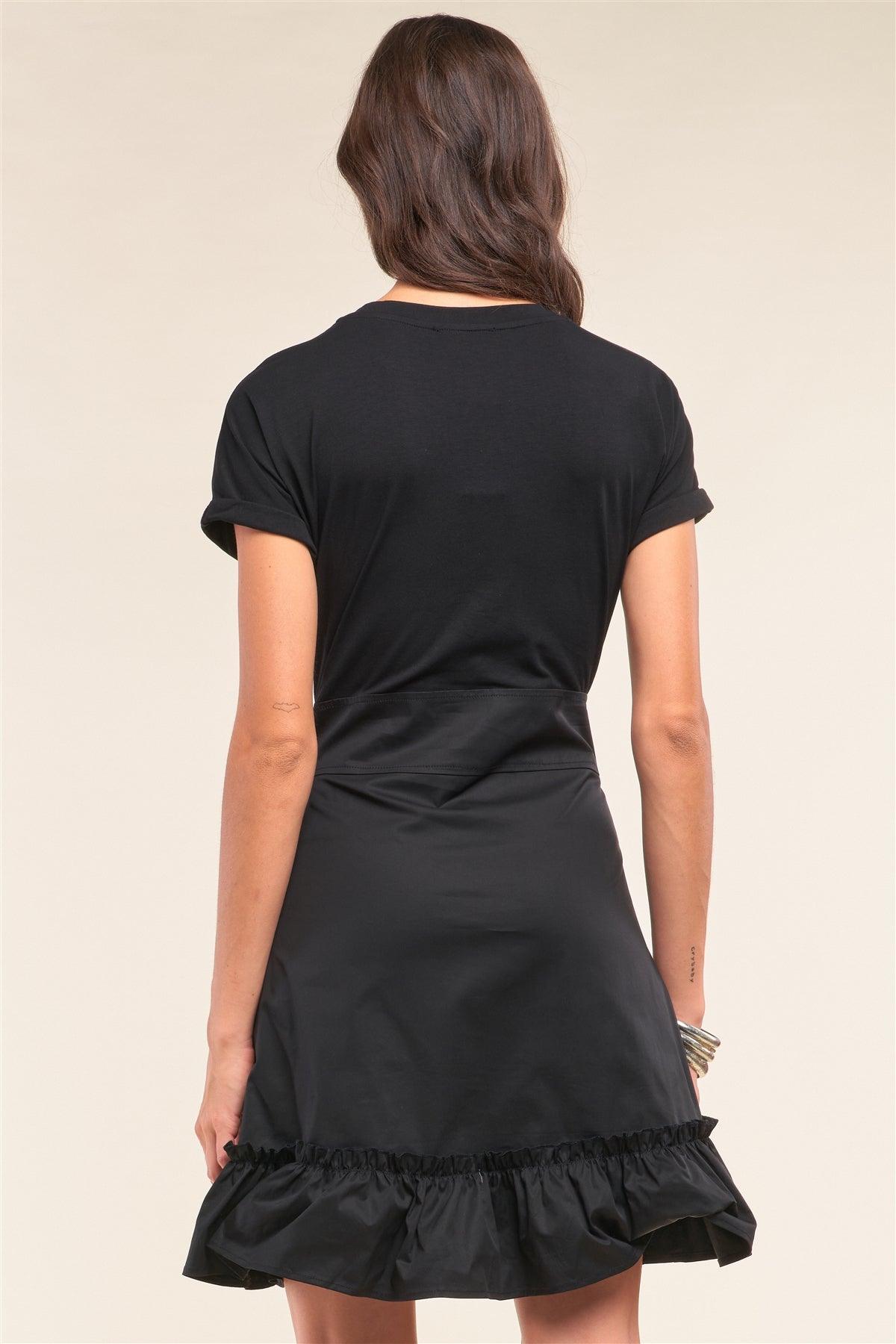 Black Crew Neck Corset Lace-Up Waist Detail Frill Hem Mini Dress /1-2-1-1