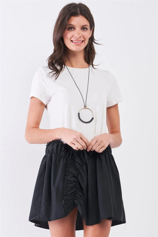 White & Black Short Sleeve Round Neck Dropped Waist Elastic Shirred Detail T-Shirt Mini Dress /1-2-2 - Tasha Apparel Wholesale
