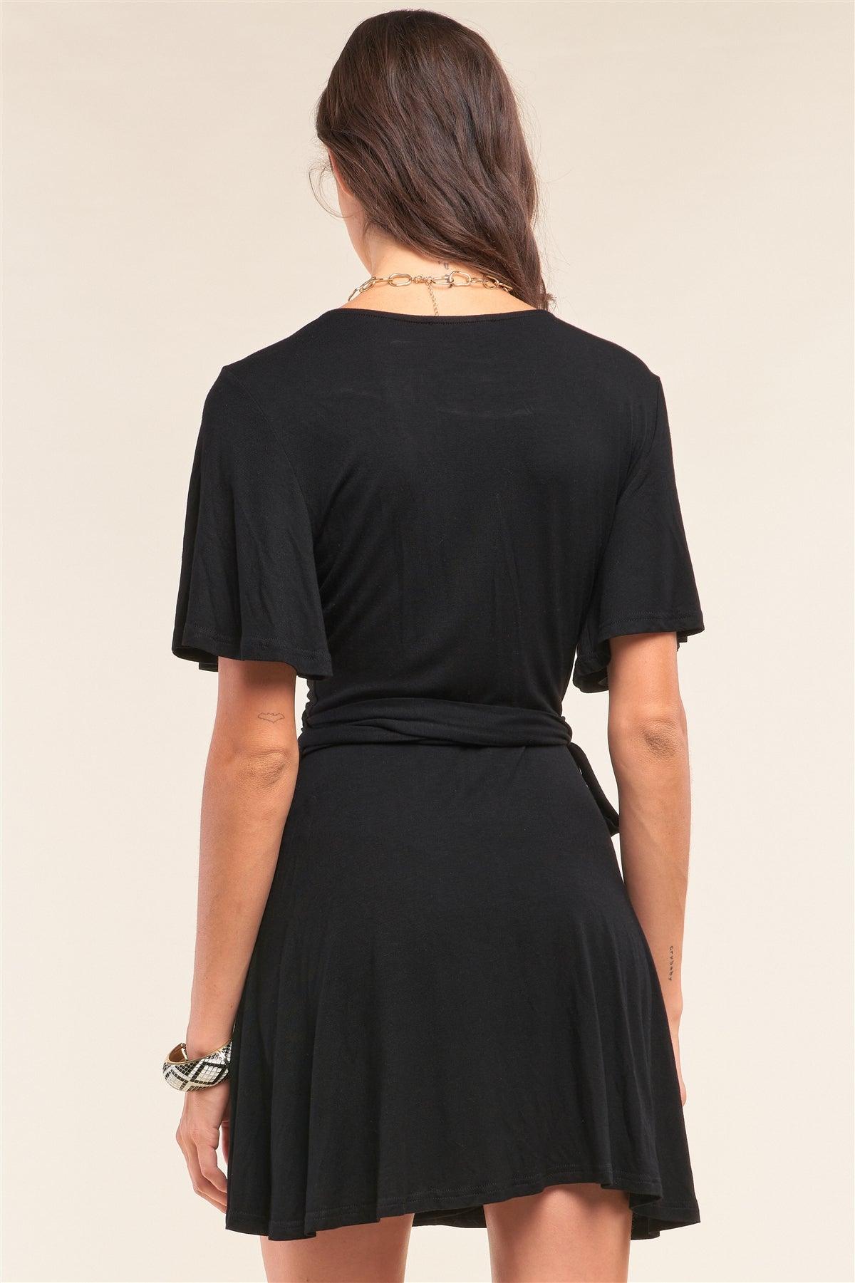Black Deep Plunge V-Neck Self-Tie Wrap Flare Sleeve Mini Dress /1-2-2