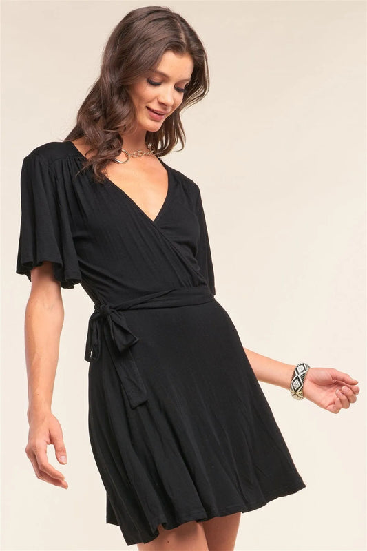 Black Deep Plunge V-Neck Self-Tie Wrap Flare Sleeve Mini Dress /1-2-2-1 - Tasha Apparel Wholesale