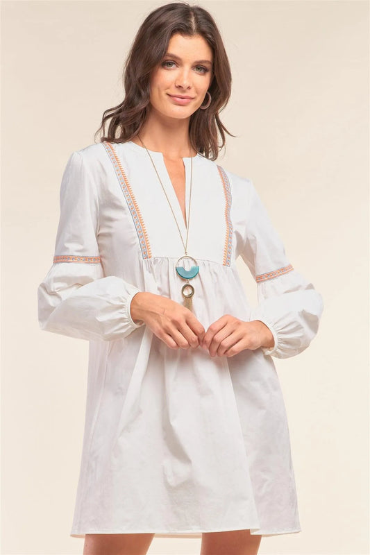 White Long Balloon Sleeve Tribal Embroidery Detail Loose Fit Mini Dress - Tasha Apparel Wholesale