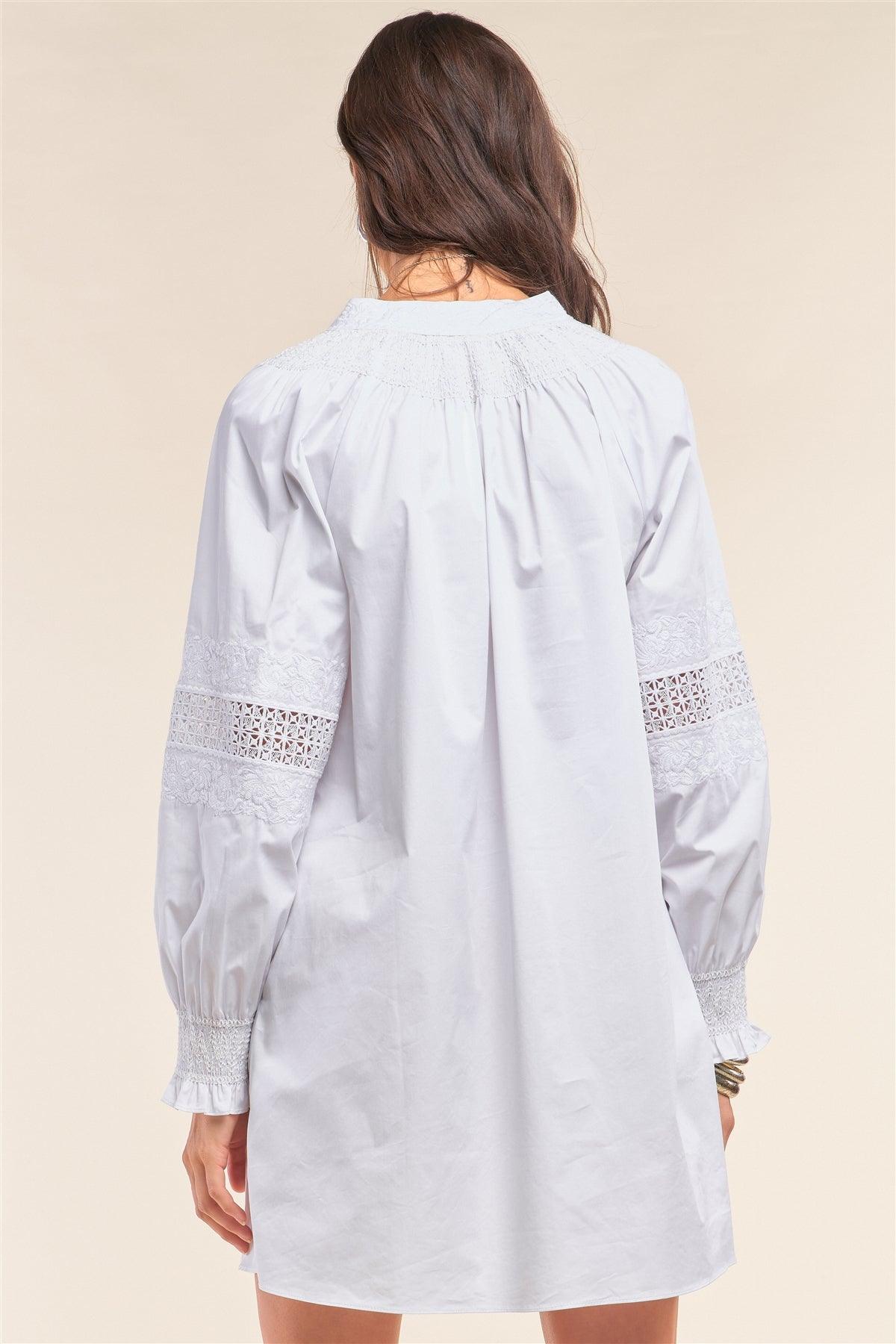 White Long Sleeve Mock Neck Lace Embroidered Poplin Mini Dress /1-2-2-1