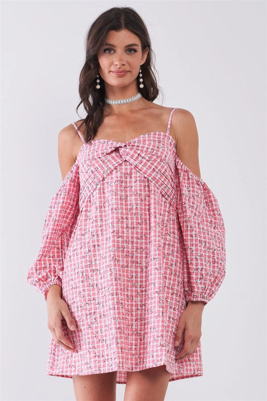 Pink & White Checkered Floral Print Off-The-Shoulder Long Balloon Sleeve Mini Dress /2-2-1 - Tasha Apparel Wholesale