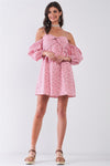 Pink & White Checkered Floral Print Off-The-Shoulder Long Balloon Sleeve Mini Dress /1-2-2-1