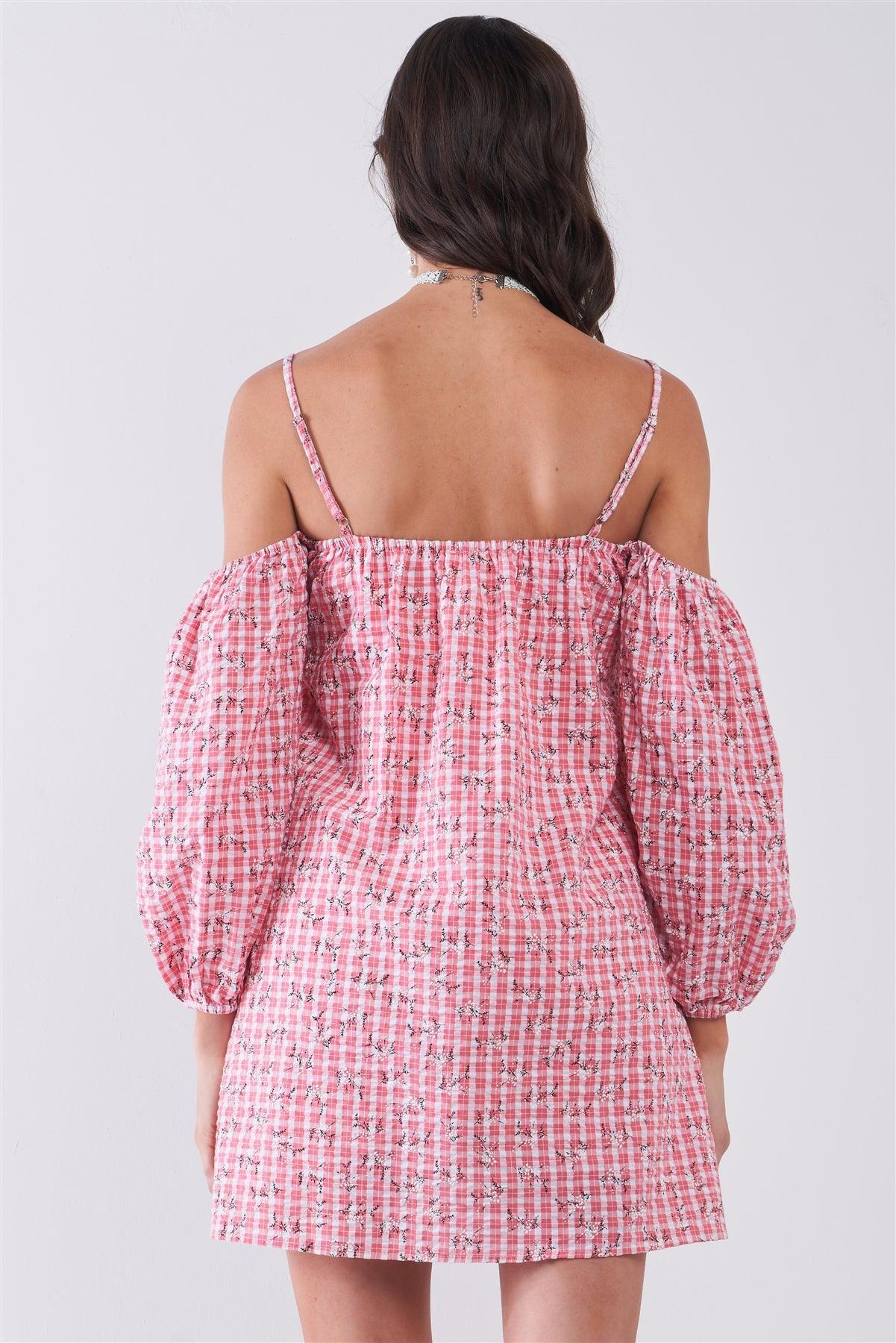 Pink & White Checkered Floral Print Off-The-Shoulder Long Balloon Sleeve Mini Dress /1-2-2-1
