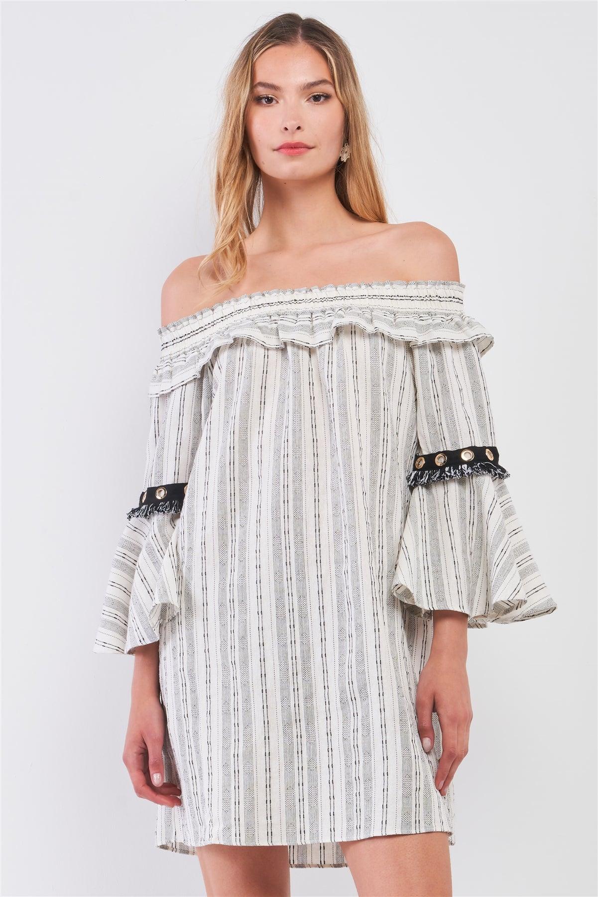 Off-White & Black Linen Striped Off-The-Shoulder 3/4 Bell Sleeve With Black Detail Mini Dress /1-2-2-1