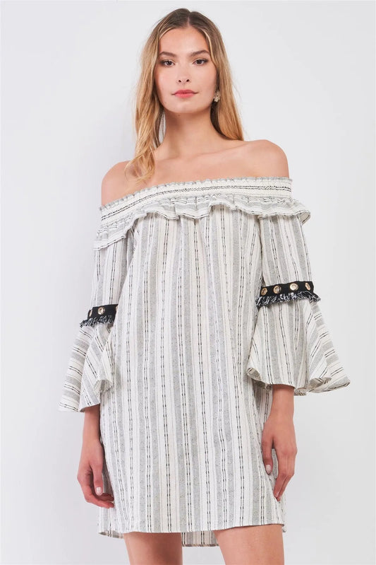 Off-White & Black Linen Striped Off-The-Shoulder 3/4 Bell Sleeve With Black Detail Mini Dress /1-2-2-1 - Tasha Apparel Wholesale
