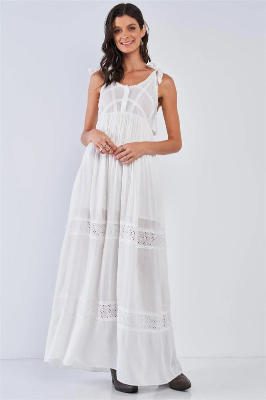 White Boho Eyelet Embroidered Sleeveless Round Neck Button Down Crochet Detail Ruffle Hem Maxi Dress /1-1-3-2 - Tasha Apparel Wholesale