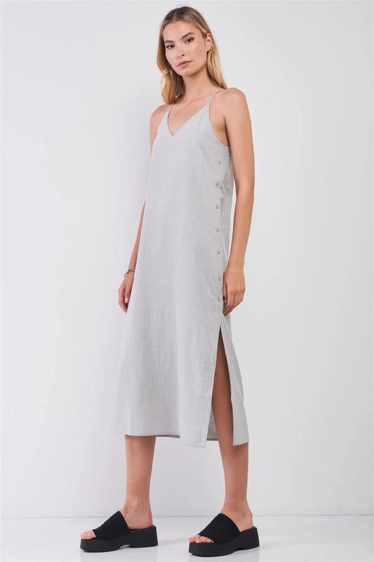 Grey Striped Sleeveless V-Neck Button-Down Slit Sides Detail Midi Dress /1-2-2 - Tasha Apparel Wholesale