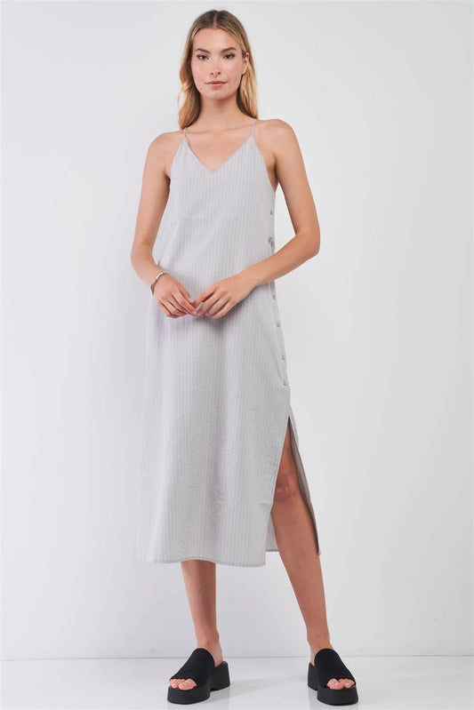 Grey Striped Sleeveless V-Neck Button-Down Slit Sides Detail Midi Dress /1-2-2-1 - Tasha Apparel Wholesale