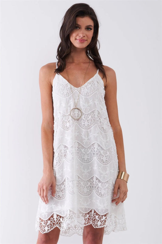White Crochet Knit Embroidery Sleeveless V-Neck Self-Tie Multi-Cross Back Detail Babydoll Mini Dress /1-2-2-1 - Tasha Apparel Wholesale