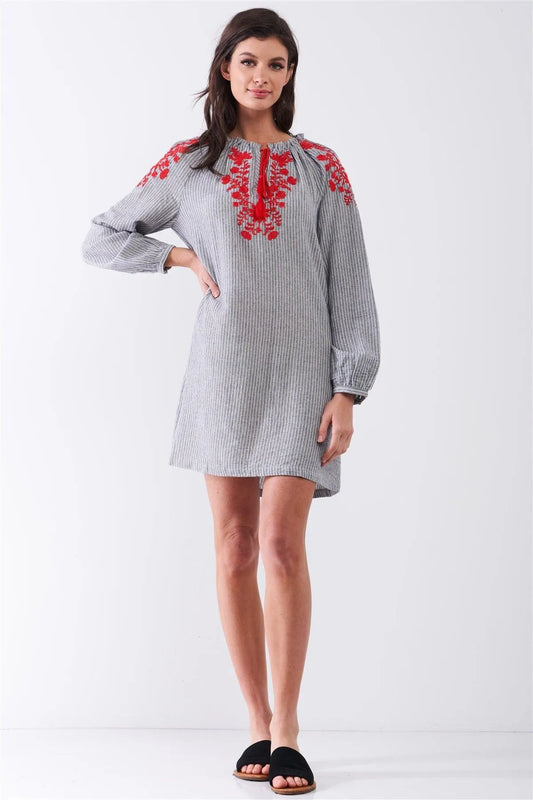 Grey Striped Long Balloon Sleeve Slavic Pattern Embroidery Relaxed Mini Dress /2-1-2 - Tasha Apparel Wholesale