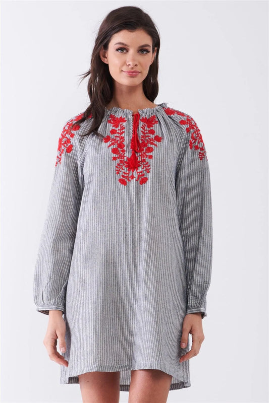 Grey Striped Long Balloon Sleeve Slavic Pattern Embroidery Relaxed Mini Dress /1-2-2-1 - Tasha Apparel Wholesale