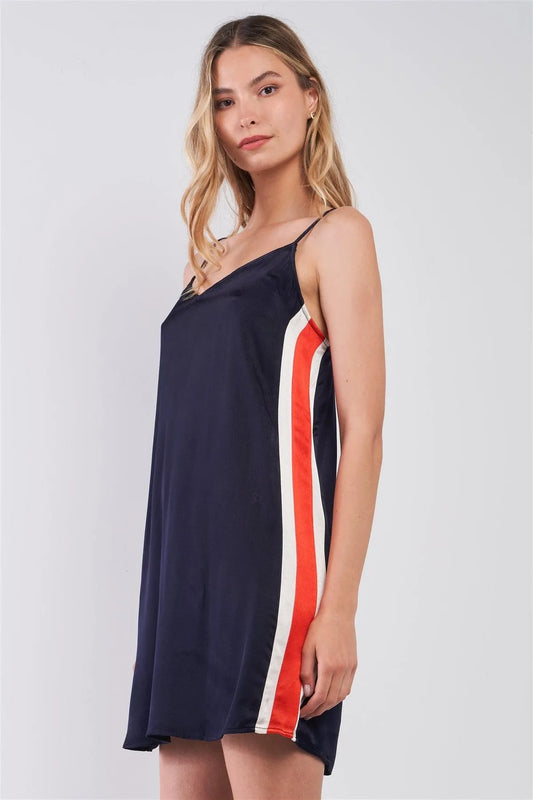Navy Satin White & Red Side Stripe V-Neck Sleeveless Loose Fit Mini Dress /1-2-2 - Tasha Apparel Wholesale