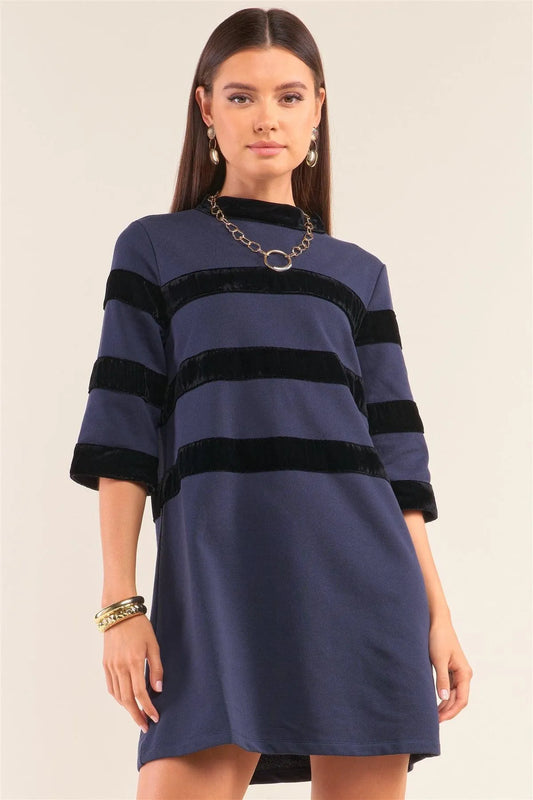 Navy Contrast Velvet Round Neck Open Back Self-Tie Keyhole 3/4 Sleeve Mini Dress /2-2-2 - Tasha Apparel Wholesale