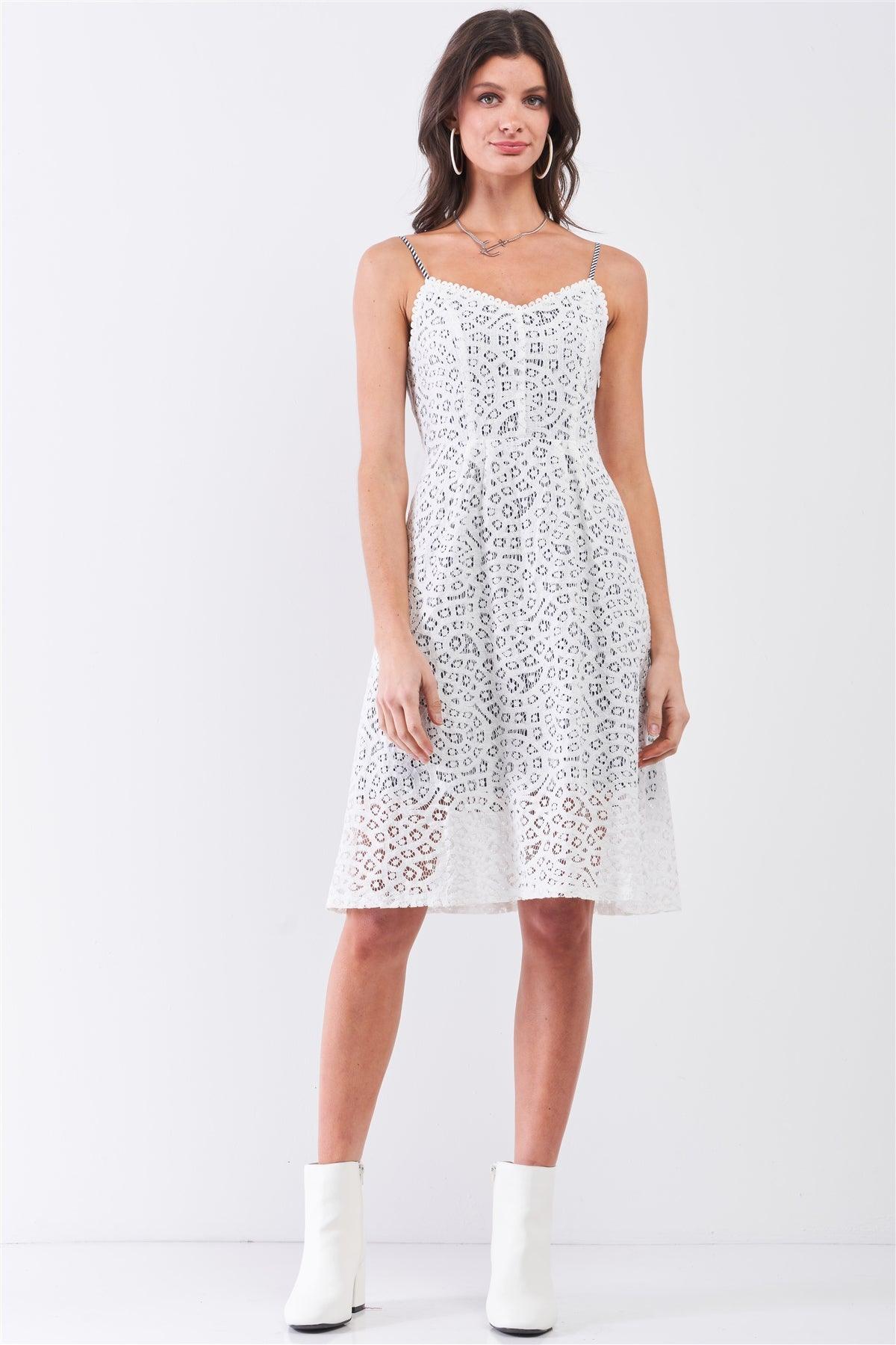 White Crochet Sleeveless Soft V-Neck Double Lined With White & Navy Mini Dress /1-3-2