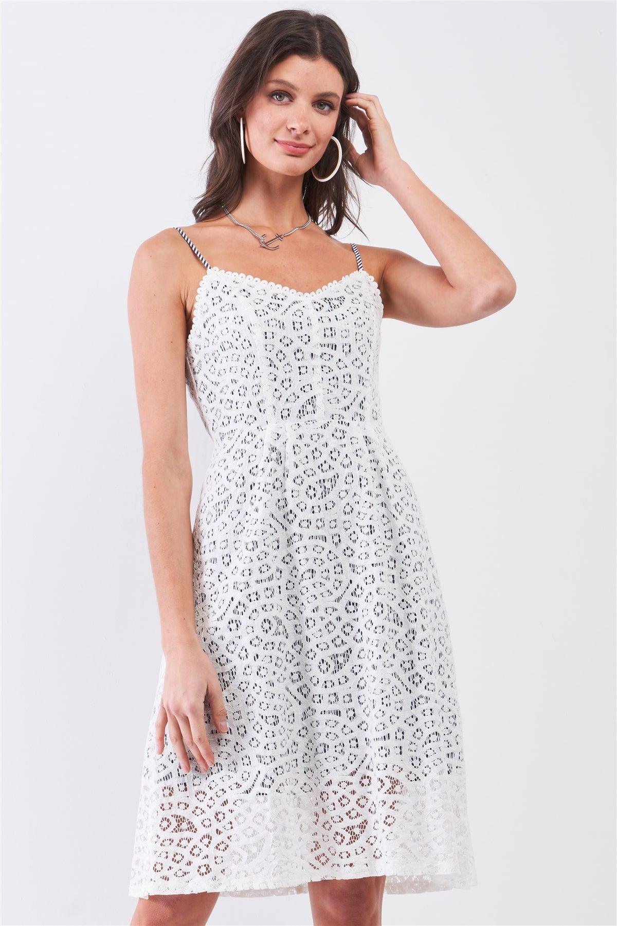 White Crochet Sleeveless Soft V-Neck Double Lined With White & Navy Mini Dress /1-3-2