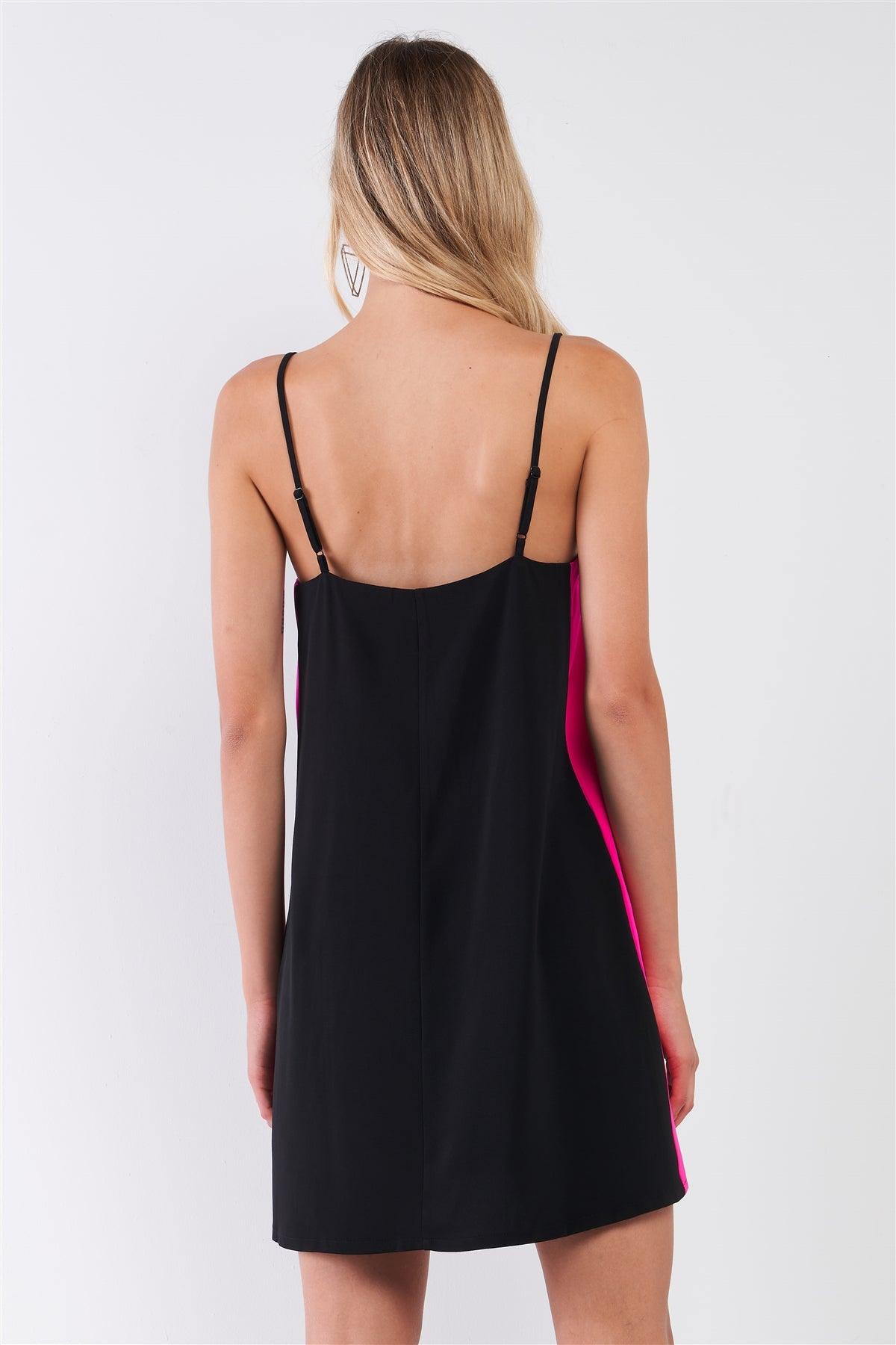 Black & Pink Sleeveless V-Neck Side Stripe Detail Relaxed Mini Dress /1-2-2