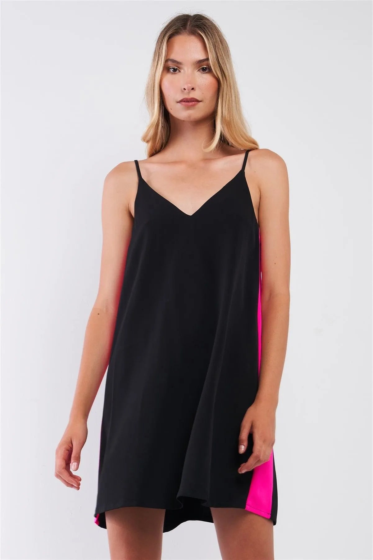 Black & Pink Sleeveless V-Neck Side Stripe Detail Relaxed Mini Dress /1-2-2-1 - Tasha Apparel Wholesale