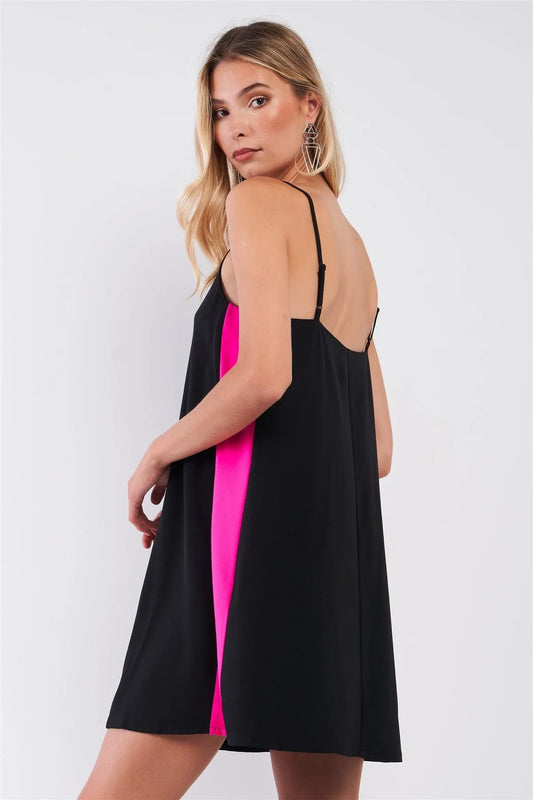 Black & Pink Sleeveless V-Neck Side Stripe Detail Relaxed Mini Dress - Tasha Apparel Wholesale