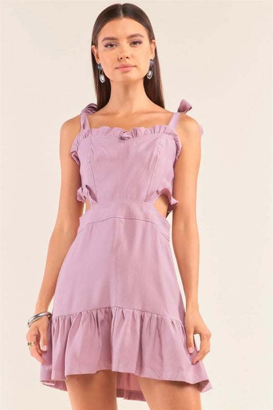 Dusty Lavender Sleeveless Ruffle Hem Cut-Out Detail Smock Back Flare Mini Dress /1-3-2 - Tasha Apparel Wholesale