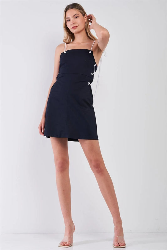 Navy & White Lace-Up Straps Sleeveless Square Neck Fitted Mini Dress /2-2-2-1 - Tasha Apparel Wholesale