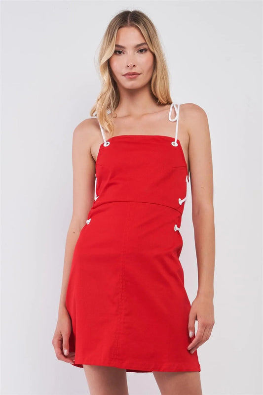 Red & White Lace-Up Straps Sleeveless Square Neck Fitted Mini Dress /1-2-1 - Tasha Apparel Wholesale