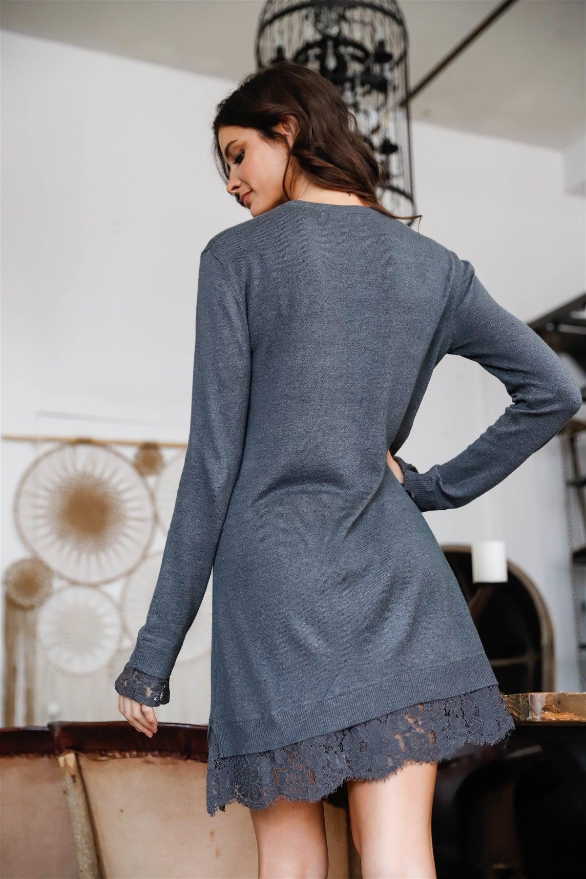 Charcoal Long Sleeve Mock Neck Relaxed Crochet Lace Hem Detail Sweater Mini Dress /3-3