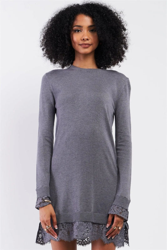 Grey Long Sleeve Mock Neck Relaxed Crochet Lace Hem Detail Sweater Mini Dress /3-3 - Tasha Apparel Wholesale