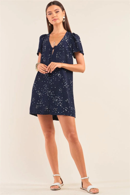 Make A Wish Navy Blue Star Print Loose Fit Self-Tie Front And Back Deep Plunge V-Neck Mini Dress /1-2-2 - Tasha Apparel Wholesale