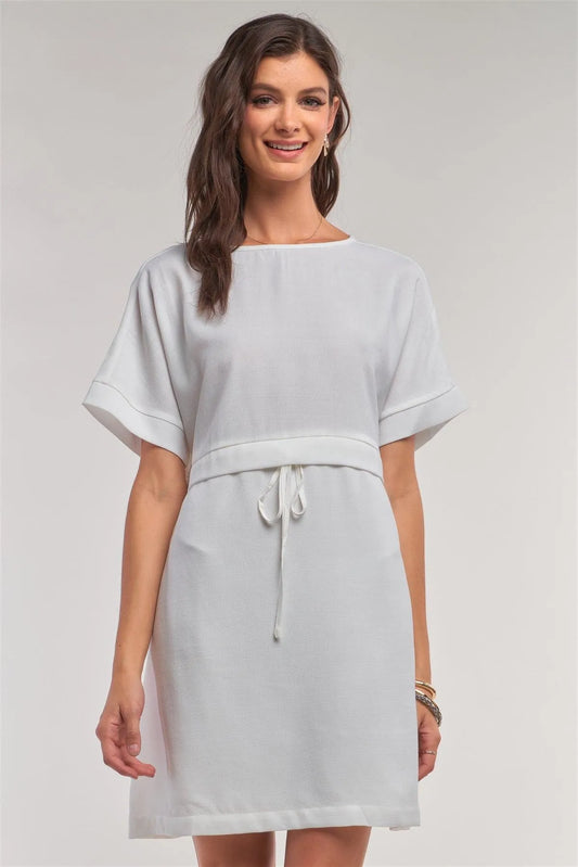 Off-White Short Sleeve Relaxed Fit Draw String Tie Waist Detail Mini Dress /1-2-2-1 - Tasha Apparel Wholesale