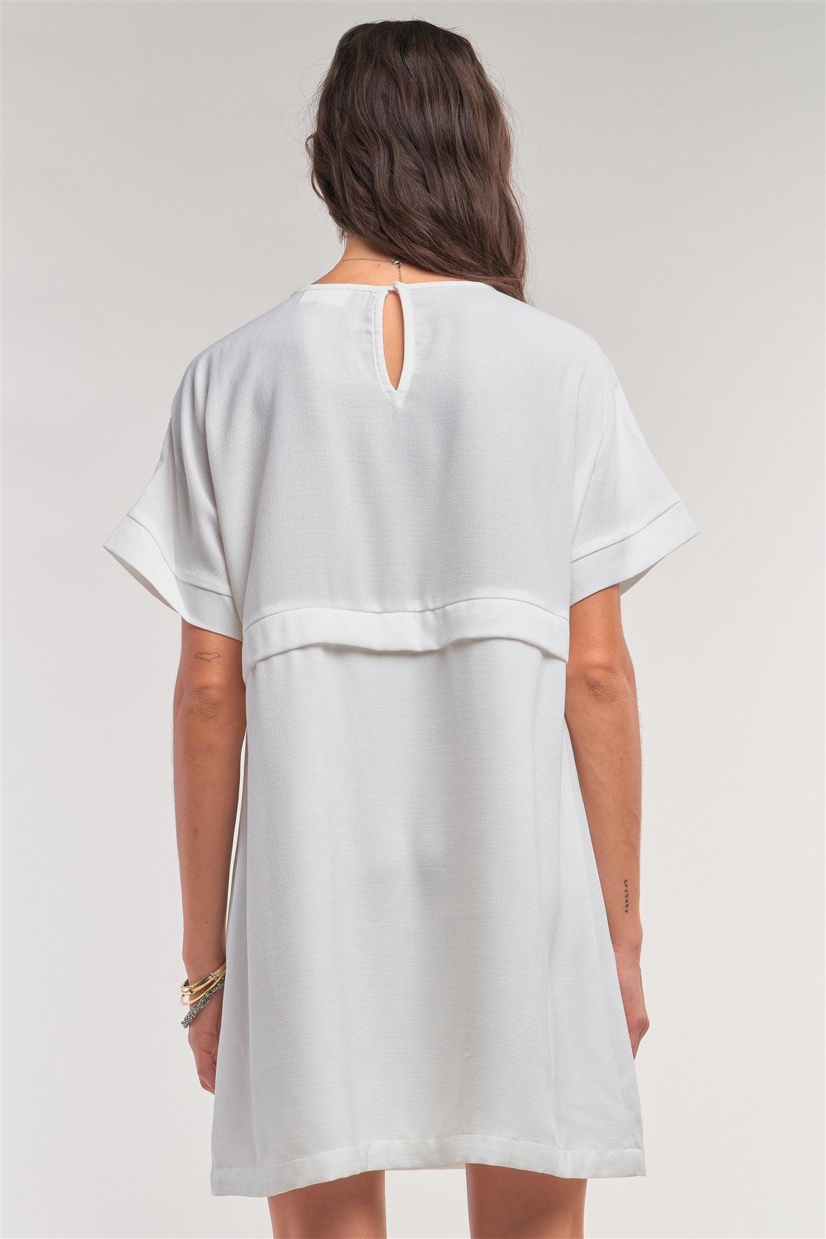 Off-White Short Sleeve Relaxed Fit Draw String Tie Waist Detail Mini Dress /1-2-2-1