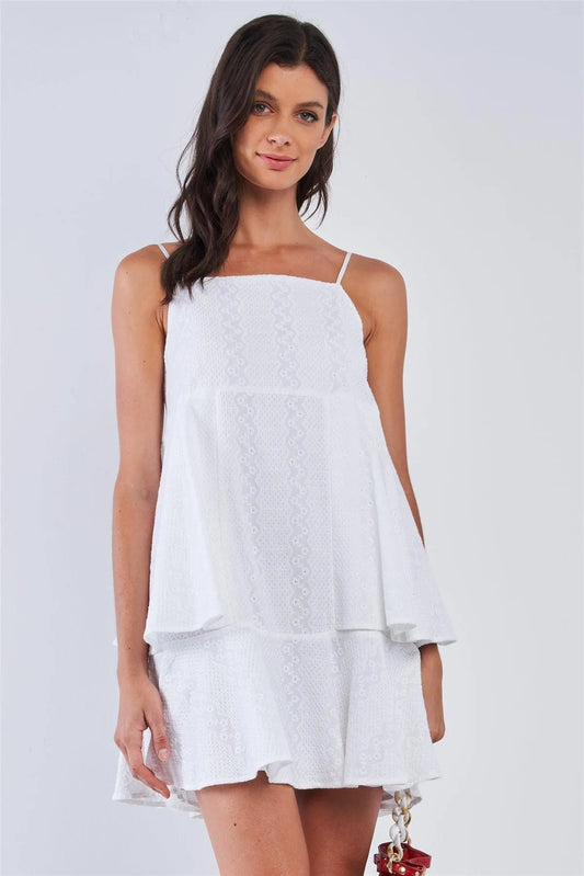 White Boho Relaxed Fit Sleeveless Lace Embroidered Layered Mini Dress /1-2-2-1 - Tasha Apparel Wholesale