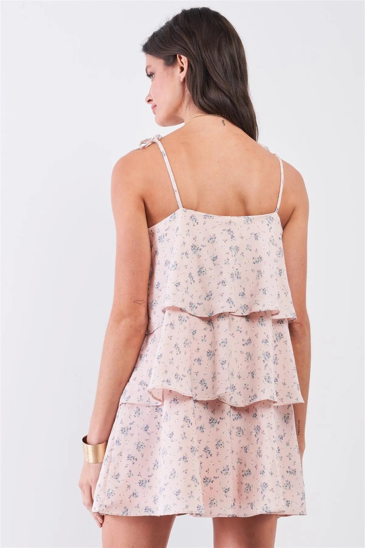 Blush Floral Print Sleeveless Self-Tie Shoulder Strap Detail Layered Flounce Mini Dress /1-1-2-1 - Tasha Apparel Wholesale