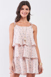 Blush Floral Print Sleeveless Self-Tie Shoulder Strap Detail Layered Flounce Mini Dress /1-2-2-1