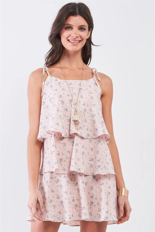 Blush Floral Print Sleeveless Self-Tie Shoulder Strap Detail Layered Flounce Mini Dress /1-2-2-1 - Tasha Apparel Wholesale
