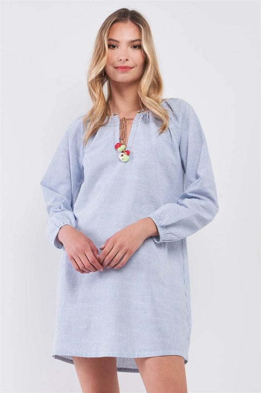 Blue Striped Multicolor Stitch Trim Knitted Detail Long Balloon Sleeve Shirt Mini Dress /1-2-2-1 - Tasha Apparel Wholesale
