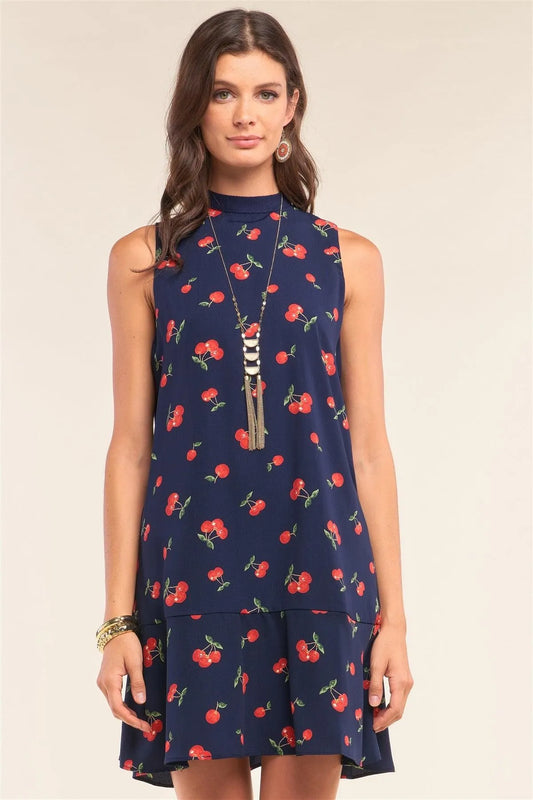 Very Cherry Day Navy Cherry Print Sleeveless Relaxed Fit Knit Self-Tie Neck Detail Flare Hem Mini Dress /1-2-2-1 - Tasha Apparel Wholesale