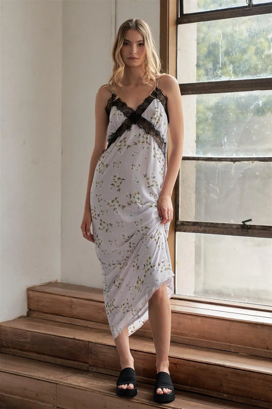 Lilac Multi Floral Print Sleeveless Lace Trim Slip Maxi Dress /3-3 - Tasha Apparel Wholesale