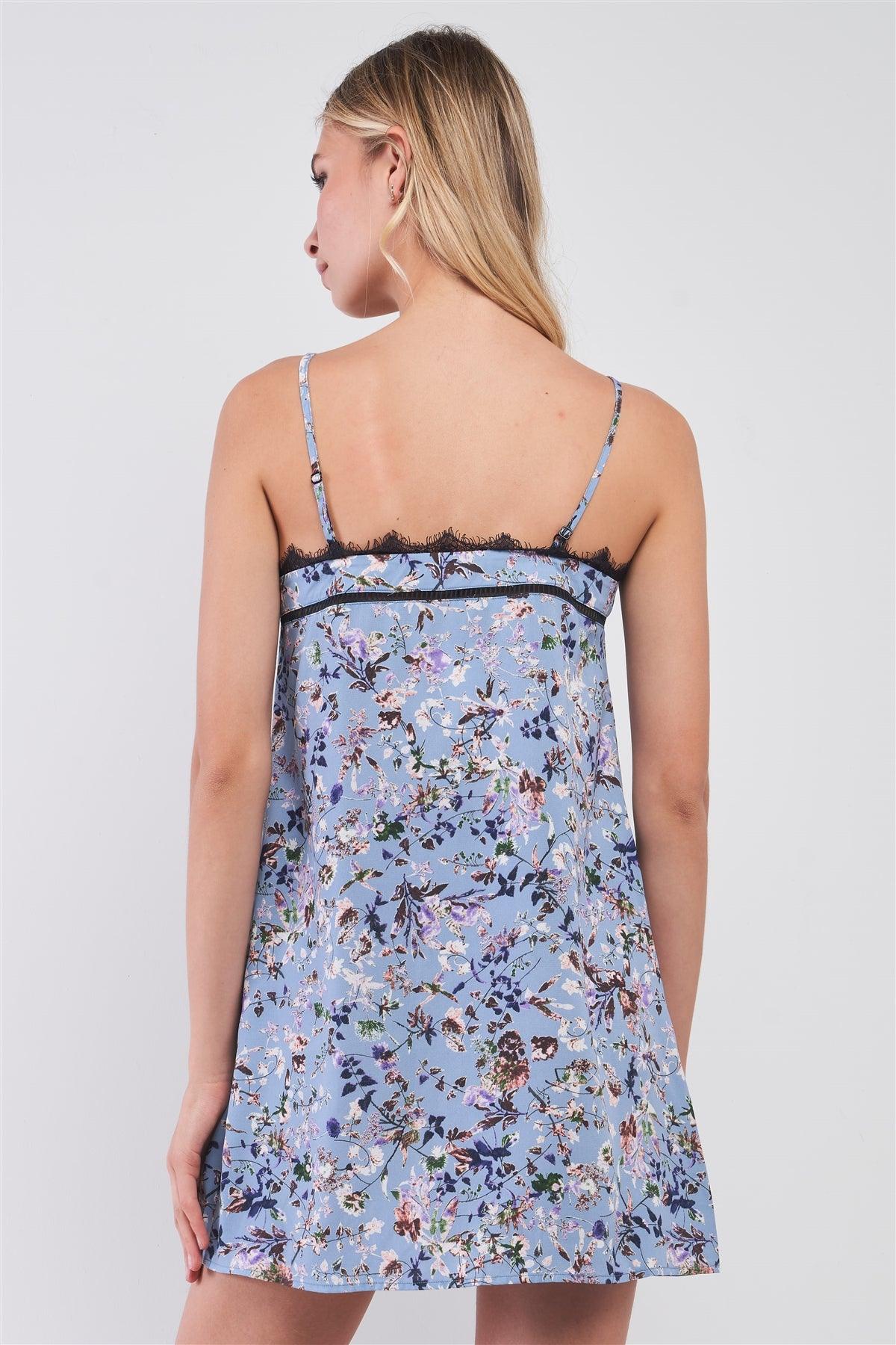Spring Blue Floral Sleeveless V-Neck Lace Trim Button-Down Front Mini Dress /1-2-2-1