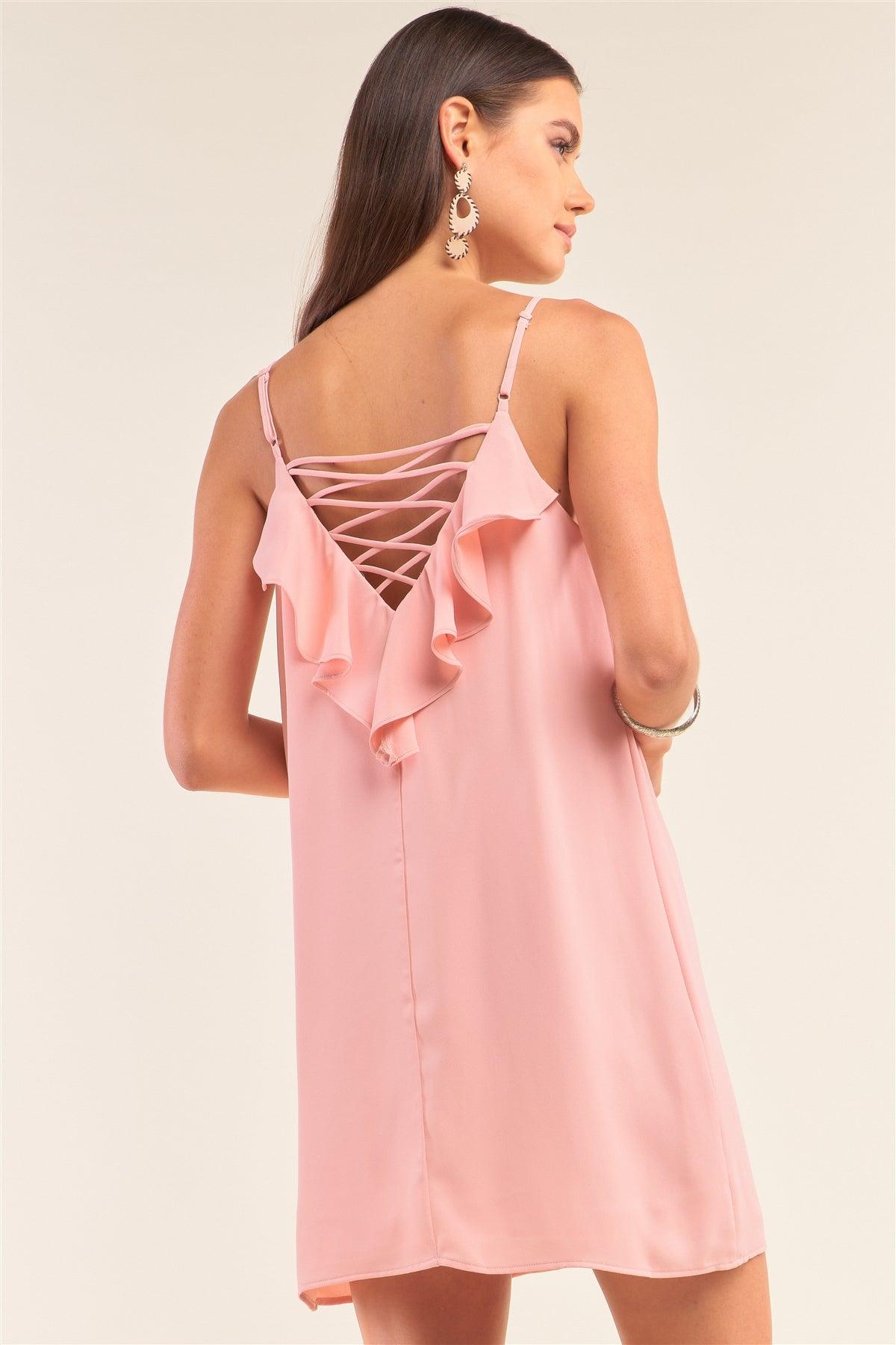 Peach Sleeveless Relaxed Fit Ruffle V-Neck Corset Inspired Lace-Up Back Detail Mini Dress /1-1-2-1