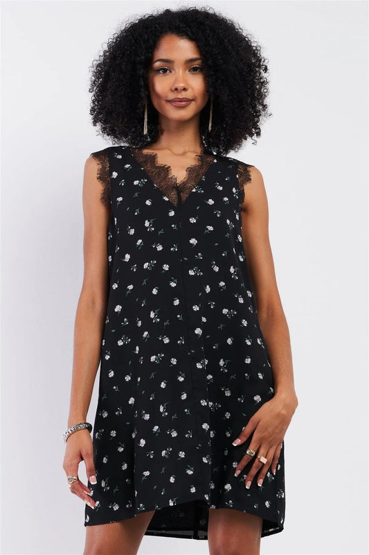 Black Multi Floral Print Sleeveless Lace Trim Mini Shift Dress /1-2-2-1 - Tasha Apparel Wholesale