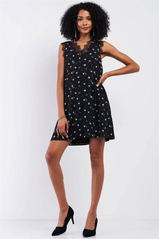 Black Multi Floral Print Sleeveless Lace Trim Mini Shift Dress - Tasha Apparel Wholesale
