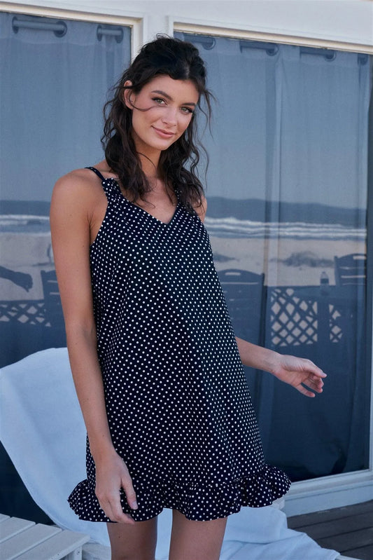 Navy Blue Polka Dot Relaxed Sleeveless Spaghetti Strap V-Neck Ruffle Hem Detail Mini Dress /1-2-2-1 - Tasha Apparel Wholesale