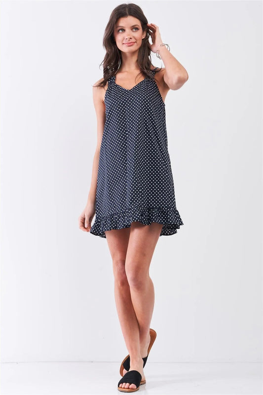 Navy Blue Polka Dot Relaxed Sleeveless Spaghetti Strap V-Neck Ruffle Hem Detail Mini Dress /2-2-2 - Tasha Apparel Wholesale