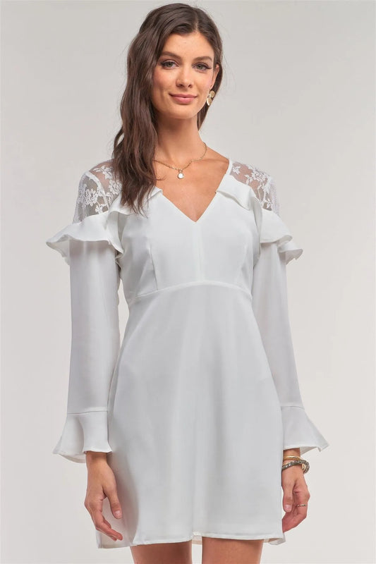 White Long Sleeve V-Neck Ruffle Lace Mesh Embroidery Trim Mini Dress /1-2-2-1 - Tasha Apparel Wholesale